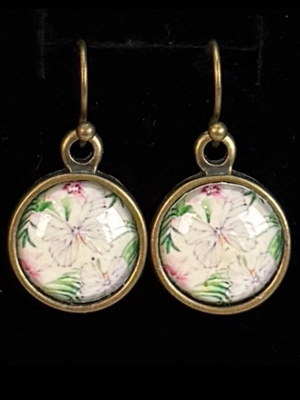 Aged brass tone floral butterfly setting pierced dangle earrings